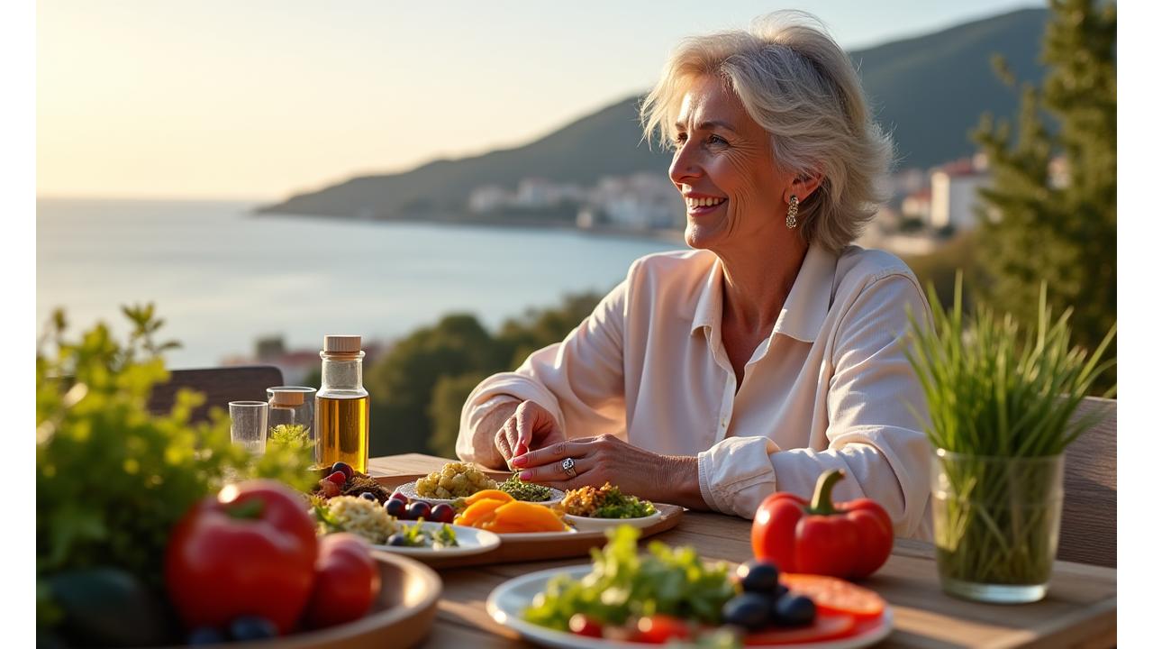 Γυναίκα που απολαμβάνει ένα υγιεινό γεύμα Μεσογειακής διατροφής με φρέσκα λαχανικά και ελαιόλαδο. Συμβολίζει τη μακροζωία.
