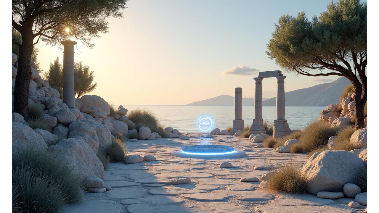 Ένα ήρεμο τοπίο με αρχαίες ελληνικές κολώνες, πεύκα και θάλασσα που συμβολίζει την αρμονία αρχαίας σοφίας και σύγχρονης ηρεμίας.