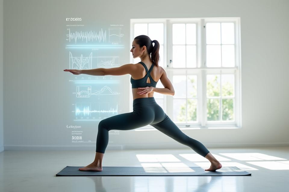 Γυναίκα που κάνει yoga με φόντο έναν ψηφιακό πίνακα που δείχνει βιομετρικά δεδομένα και προσαρμοσμένες ασκήσεις, συμβολίζοντας την AI-guided yoga.