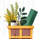 Εικονίδιο που αναπαριστά curated product recommendations, με ένα καλάθι αγορών και βιολογικά προϊόντα.