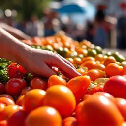 Γυναίκα που διαλέγει φρέσκα φρούτα και λαχανικά από μια Ελληνική λαϊκή αγορά στη Θεσσαλονίκη.